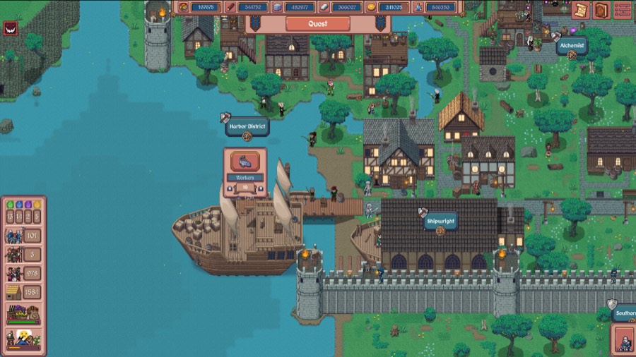 A grown settlement with stone walls, a docked trade ship, Harbor District, Shipwright and Alchemist buildings